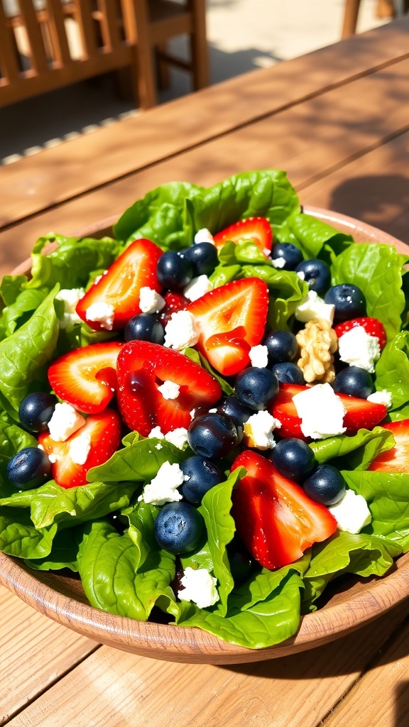 Christmas-Inspired Summer Salad A colorful summer salad with greens, strawberries, blueberries, feta, and walnuts in a rustic bowl.